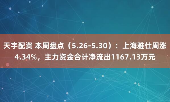 天宇配资 本周盘点(5.26-5.30):上海雅仕周涨4.34%,主力资金合计净流出1167.13万元