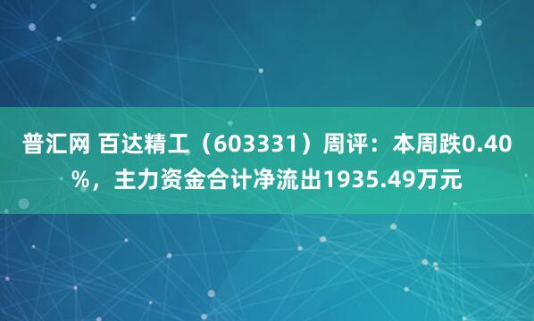 普汇网 百达精工(603331)周评:本周跌0.40%,主力资金合计净流出1935.49万元